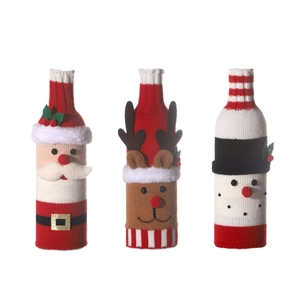 Three knitted Christmas wine bottle covers featuring Santa, Reindeer and Snowman patterns