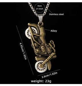 Detailed view of bronze motorcycle pendant dimensions and stainless steel chain specs