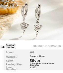 Detail of silver snake pendant earrings with cubic zirconia inlay and clicker clasp