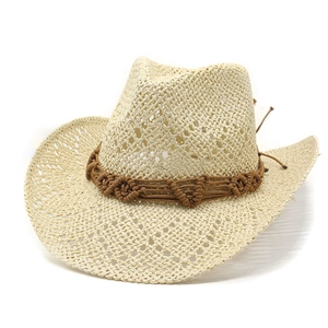 Summer hollow western straw cowboy hat with ethnic woven band and wide curved brim