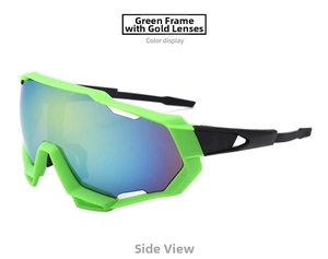 Side view of green cycling glasses with blue gold reflective lenses for sports