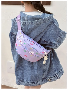 Detail of purple children chest bag with cute rabbit prints and bunny zipper head