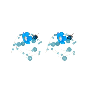 Blue fabric flower tassel earrings with square rhinestones for summer beach vacation style