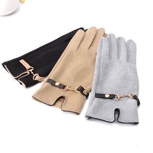 Winter thermal gloves for women in black, camel, and grey with metallic horsebit decor