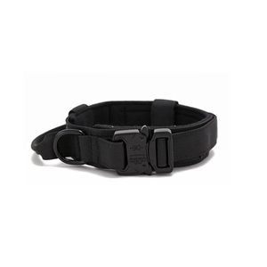 Tactical black nylon large dog collar featuring heavy duty metal buckle and control handle