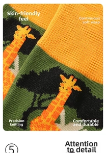 Detail of high-density jacquard knitting showing giraffe pattern on cotton crew socks