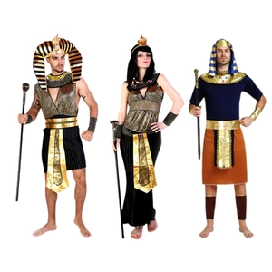 Egyptian Pharaoh and Cleopatra costumes with gold headpieces and staffs for Halloween