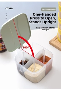 Detail of 4-compartment seasoning box with 100-degree wide-angle opening lid
