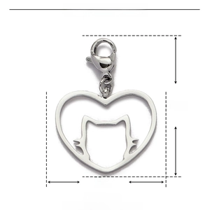 Detailed dimension guide for stainless steel heart cat pendant with lobster clasp and weight