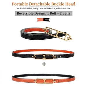 Slim reversible women's leather belt with gold metal buckle and cross-grain texture