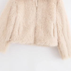 Beige faux fur jacket with lapel collar and zipper detail in high-quality fluffy texture