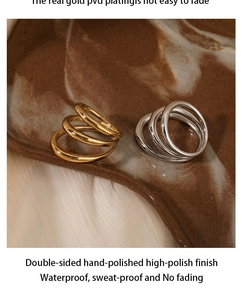 Detail of PVD gold plated multi-layer stainless steel ring with mirror polished finish