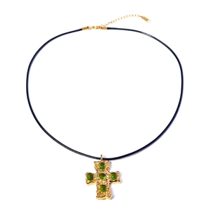 18k gold stainless steel cross necklace with green crystals on black cord