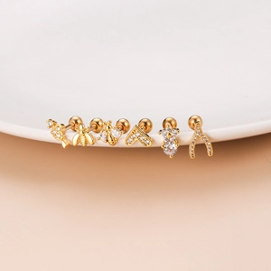 Set of 6 gold stainless steel stud earrings with animal shapes and zircon stones