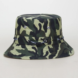 Detail of camouflage bucket hat featuring metal eyelets and SPORT printed windproof cord