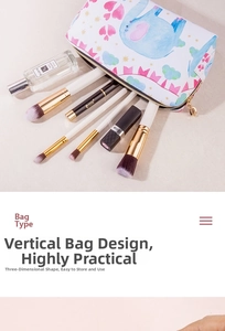 Vertical makeup bag with blue elephant print and gold zipper showing cosmetic storage