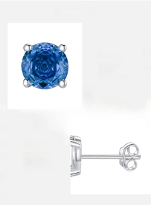 Detail of S925 sterling silver royal blue zircon stud earrings with four-prong setting