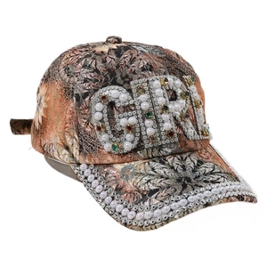 Floral print baseball cap with GIRL pearl and rhinestone lettering embellishments