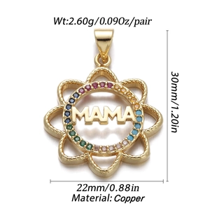 Detail of MAMA gold pendant with colorful cubic zirconia stones and 30mm height