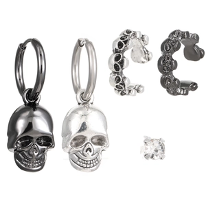 5-piece gothic punk jewelry set with skull drop earrings, ear clips and zircon studs