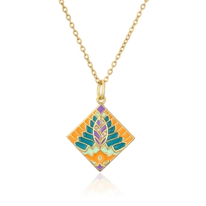 Macro detail of geometric rhombus pendant with colorful enamel leaves and gold chain