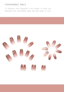 Detail of 24pcs pink gradient press-on nails with small pearls and gold line accents
