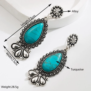 Detailed view of turquoise teardrop earrings showing dimensions 7.5cm length and alloy material