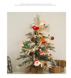 Mini snowy Christmas tree detail with LED lights pine cones and rustic burlap base