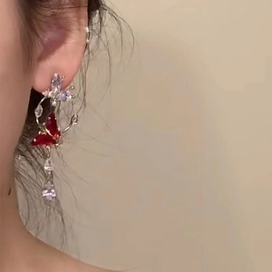 Elegant red butterfly long tassel earrings with sparkling crystals and gold finish