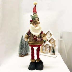 Standing Santa plush doll with plaid outfit and telescopic legs for Christmas decor