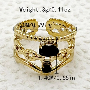 Detail view of gold stainless steel chain ring with black oval gems and size dimensions