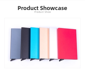 Aluminum RFID blocking card cases in six matte colors with sliding pop-up mechanism