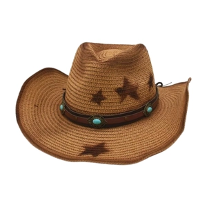 Vintage brown straw cowboy hat with star print and turquoise beaded leather band
