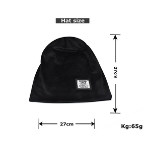 Detailed size chart of black chenille beanie showing 27cm by 27cm dimensions and 65g weight