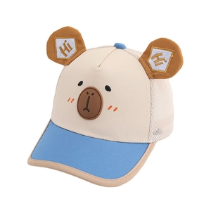 Kids breathable mesh baseball cap with cartoon bear ears and blue beige patchwork