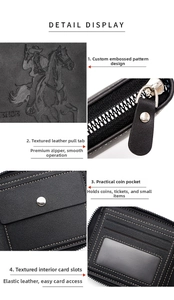 Detail of leather wallet showing zipper closure, card slots, and embossed horse rider pattern