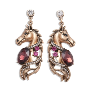 Vintage gold horse-head earrings with purple oval crystals and sparkling rhinestones