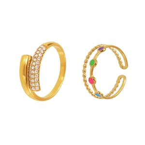 Gold open wrap rings with 5A cubic zirconia and colorful enamel dot accents