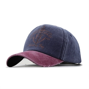 Vintage washed cotton baseball cap with anchor print and blue-red color block