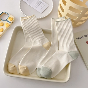 Japanese style cotton crew socks with vertical ribbing and contrast color toe and cuff
