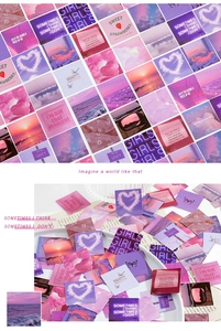 Detail of square vintage stickers featuring purple sunsets, clouds and floral motifs
