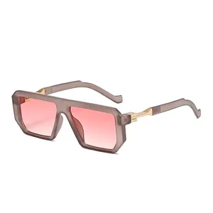 Retro square oversized sunglasses with translucent brown frames and pink gradient lenses