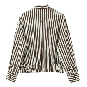 Camicia a righe verticali marroni e bianche con collo alto e orlo elasticizzato