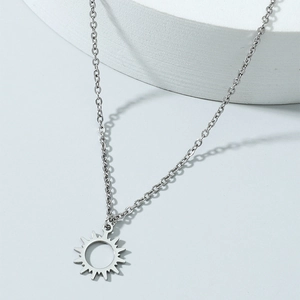 Polished stainless steel sun pendant necklace with compass design and silver link chain