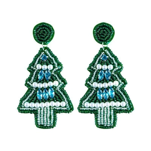 Handmade beaded Christmas tree earrings with blue stones and pearls on a white background