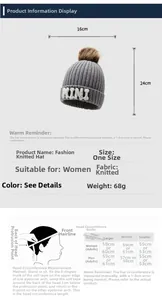 Size guide for gray knitted beanie with faux fur pom pom and MINI embroidery detail