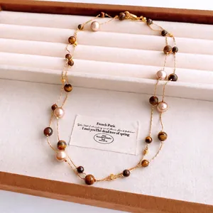 Vintage Double Layer Tiger Eye Artificial Pearl Beaded Necklace Copper Gold Plated Long Sweater Chain Maillard Style For Women
