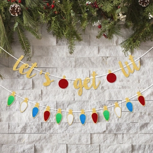 Glittery 'Let's Get Lit' Christmas banner set with colorful bulb garlands for party decor