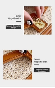 Detail of woven straw bag featuring gold pearl lock and precision stitching