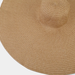 Macro detail of high-quality woven straw texture and concentric patterns on a wide-brim hat